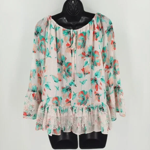 Kaari Blue Sz L Multi Pink Floral Santorini 3/4 Sleeve Ruffle Front Tie Top Lace - Picture 7 of 13